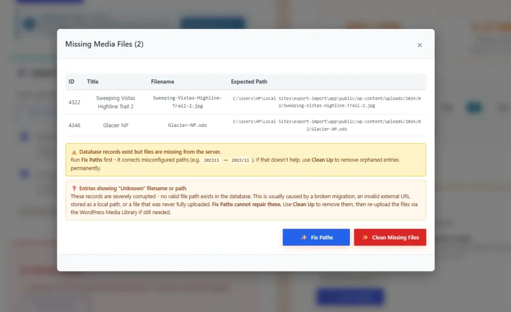 WordPress Media Export Import: 7 Powerful Features That Make Site Migration Effortless The Missing Media Files Modal Surfaces Exact File Paths 1024x625