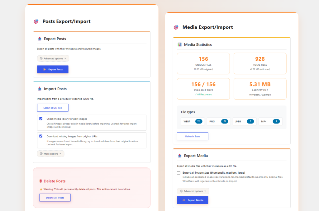 Export and Import WordPress Posts with Media - Complete Guide 2026 WordPress post export import plugin admin page screenshot