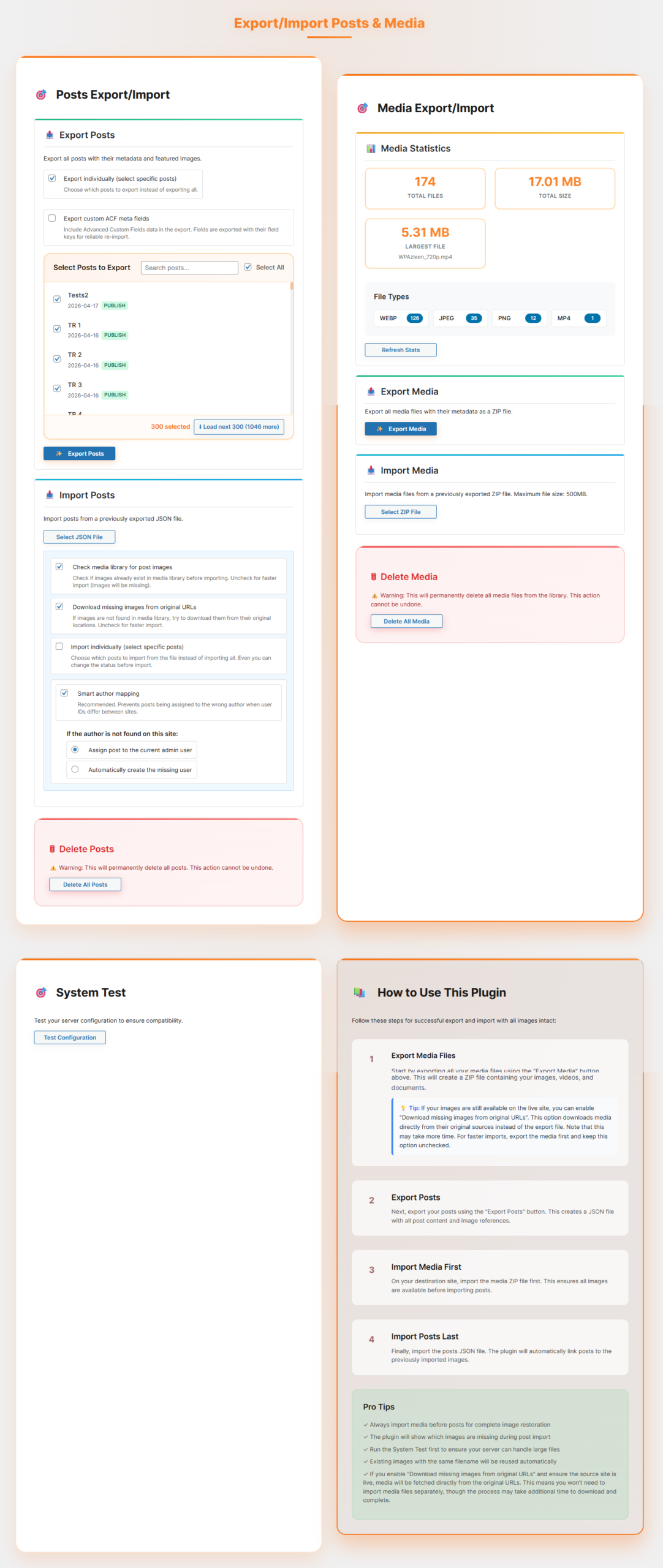 Our WordPress Post Export Import Plugin Just Hit 1,000+ Active Installations - Thank You! WordPress post export import plugin features dashboard screenshot